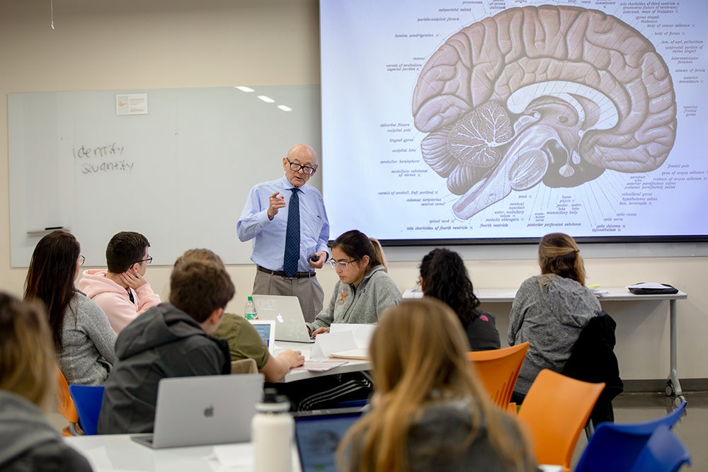 Steven Kornguth stands in front of a class of undergraduates at UT Austin