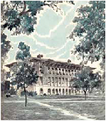 Watercolor of Sutton Hall on UT campus