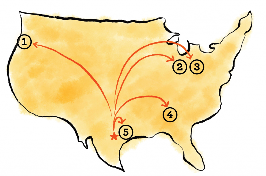 A U.S. map with a star in texas and numbers throughout the country