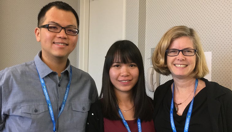 Hsiao-Ping Hsu, Wenting Ellen Zo, and Joan Hughes at the Reimagine Education Awards ceremony