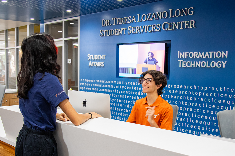 Photo of students in the Dr. Teresa Lozano Long Student Services Center