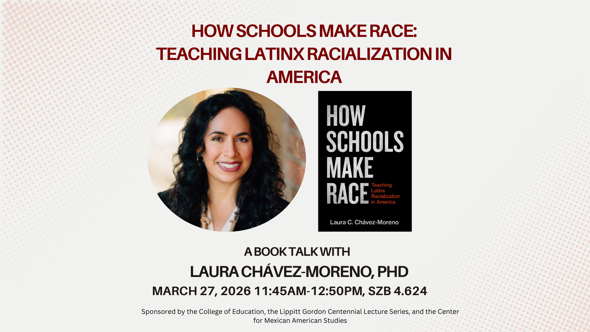 Event poster for Book talk with Laura Chávez-Moreno, details in content