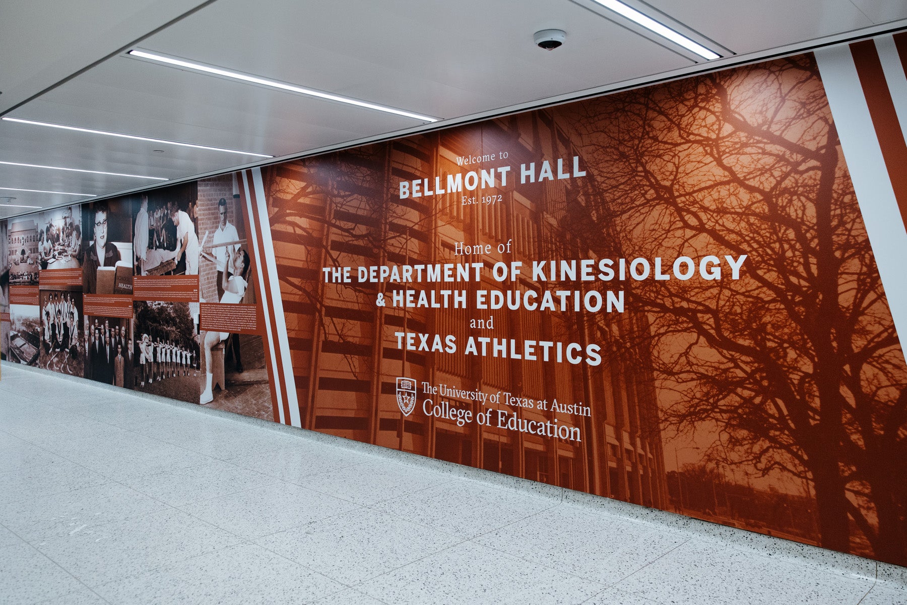 A new Bellmont Hall corridor installation celebrates the history and impact of the Department of Kinesiology and Health Education and Texas Athletics.
