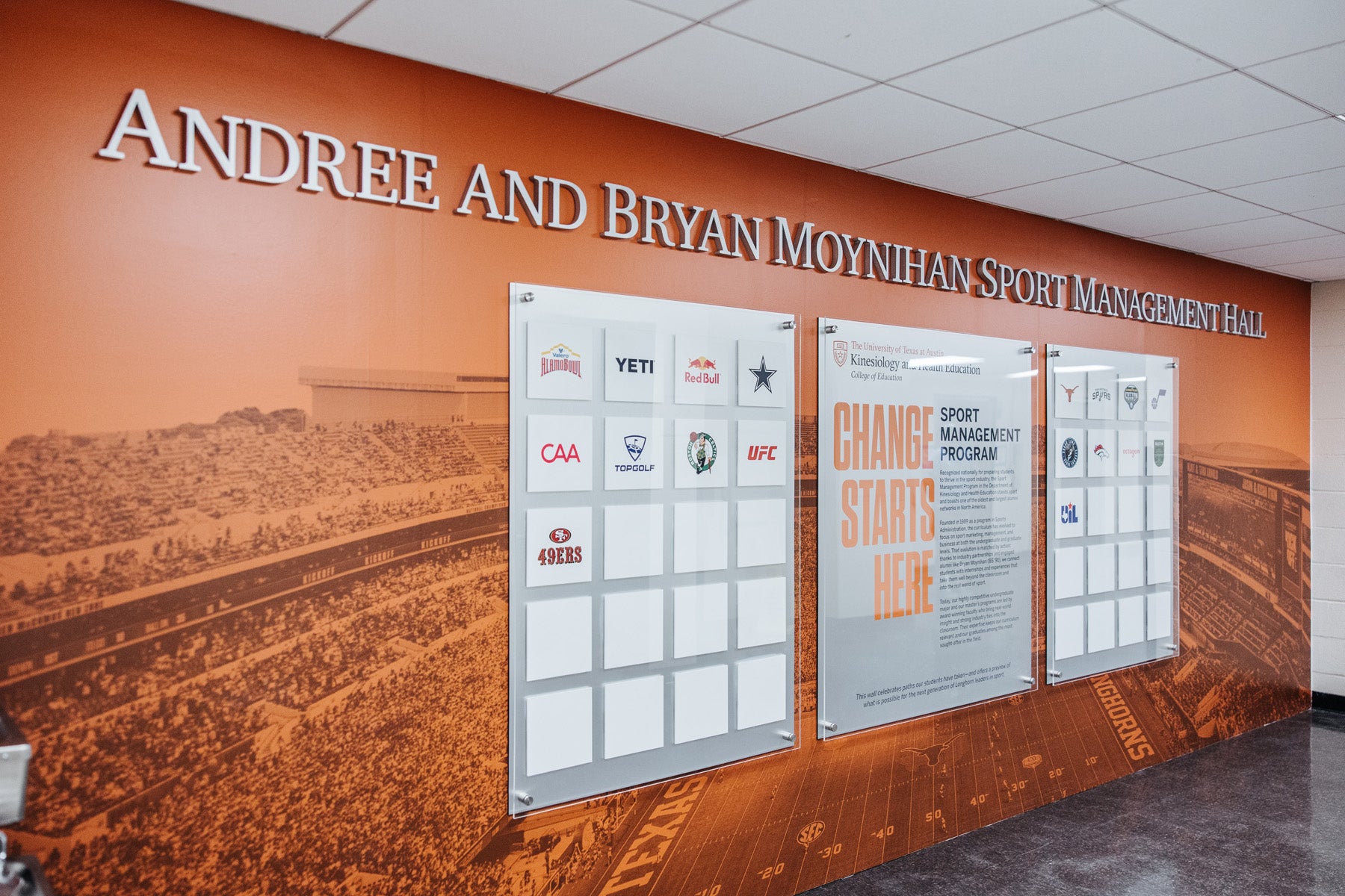 Andree & Bryan Moynihan Sport Management Wall celebrating program achievements.