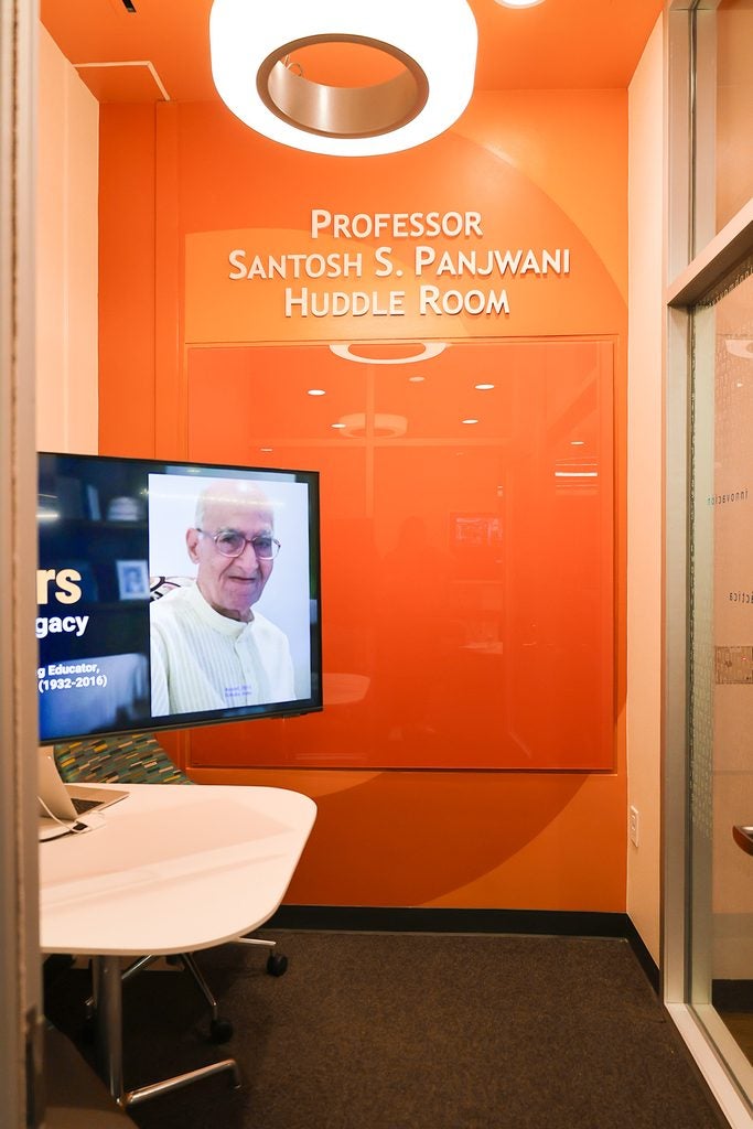 The newly dedicated Santosh Panjwani Huddle Room in honor of the lifelong educator.